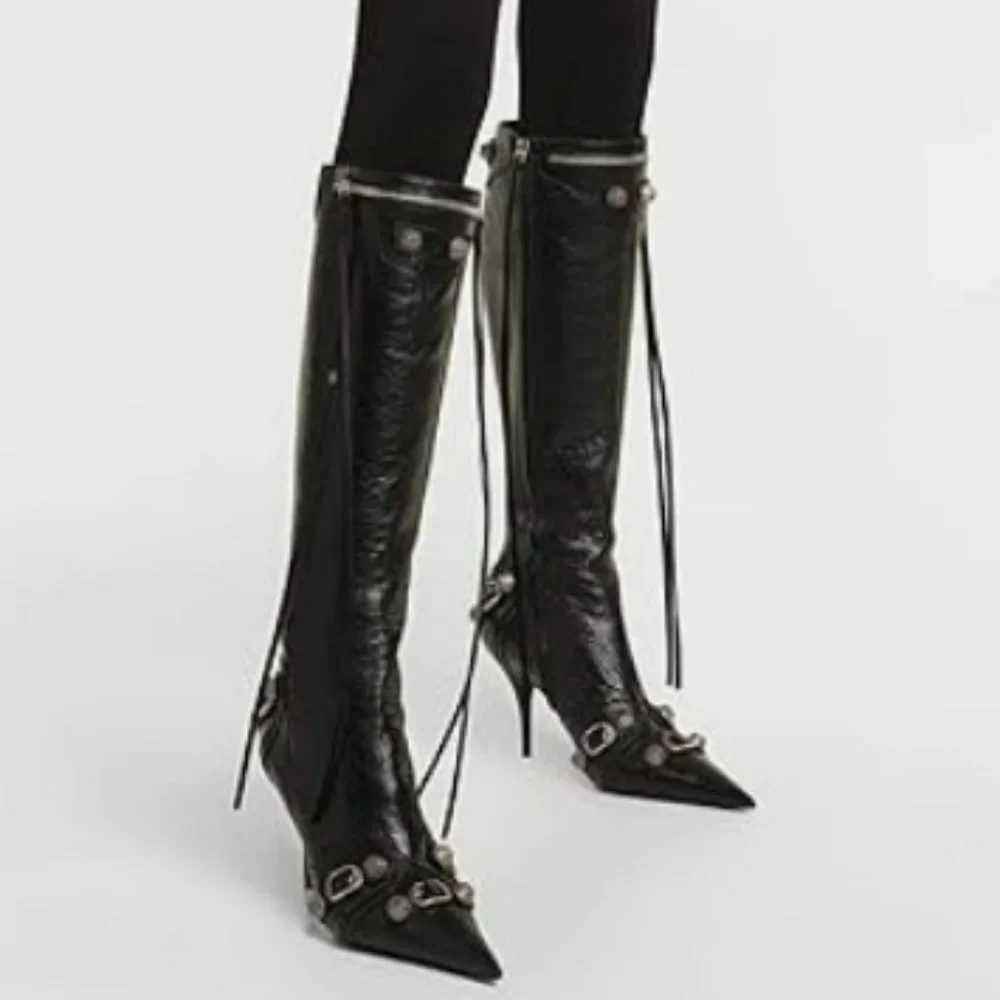 New Black Silver Studded Pointed Toe Stiletto Heel Knee High Boots - Picture 3 of 4